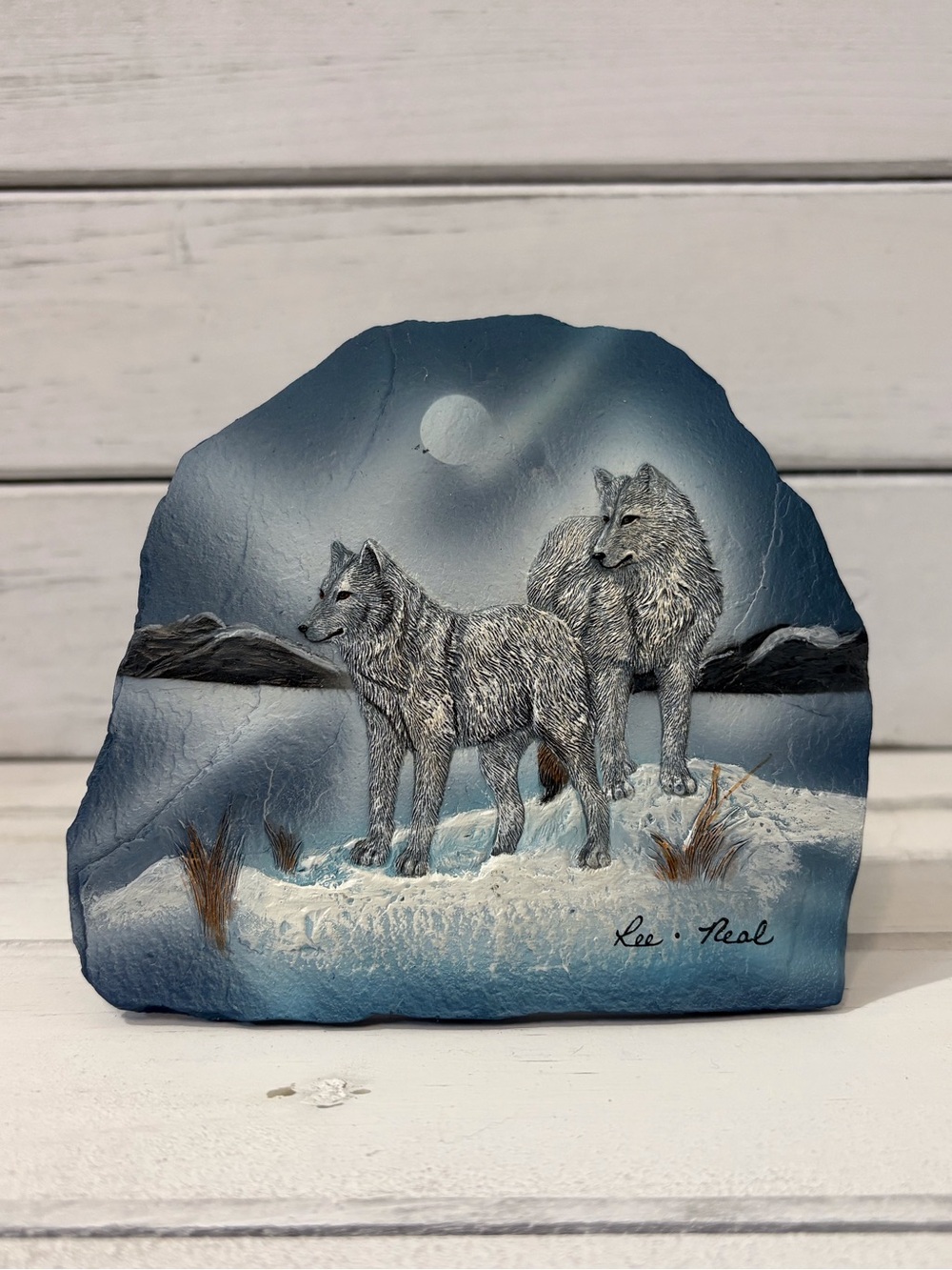 Small Hand-Painted Wolf Winter Scene Ceramic Art - Blue and Gray